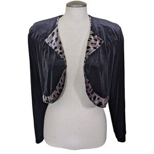Womens Cropped Open Jacket Womens Size S Black Velvet Leopard Print Collar Shrug